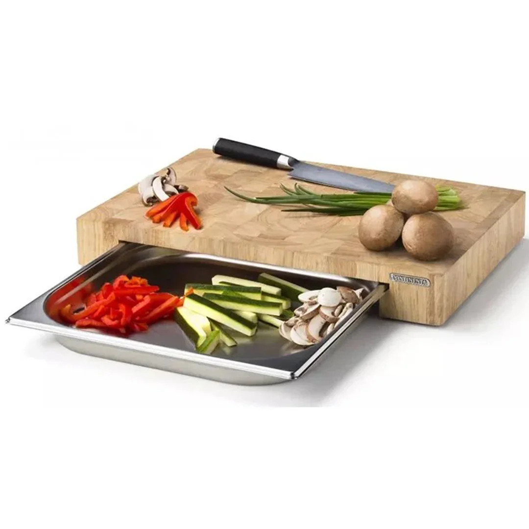 Continenta-Cutting-Board-with-Stainless-Steel-Drawer Continenta – skärbräda med låda, ändträ